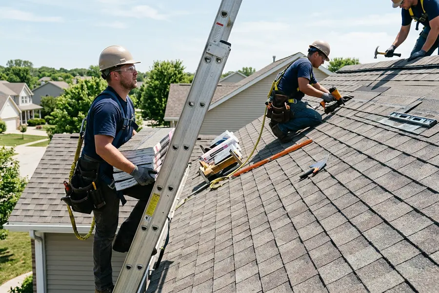 Beardman Building Services roofing crew installing architectural shingles in Oldsmar